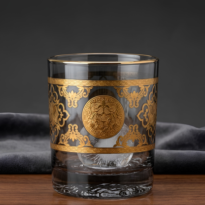 Royal Lion Whiskey Glass – Real Gold Embossed | Ash Crystal | Set of 6