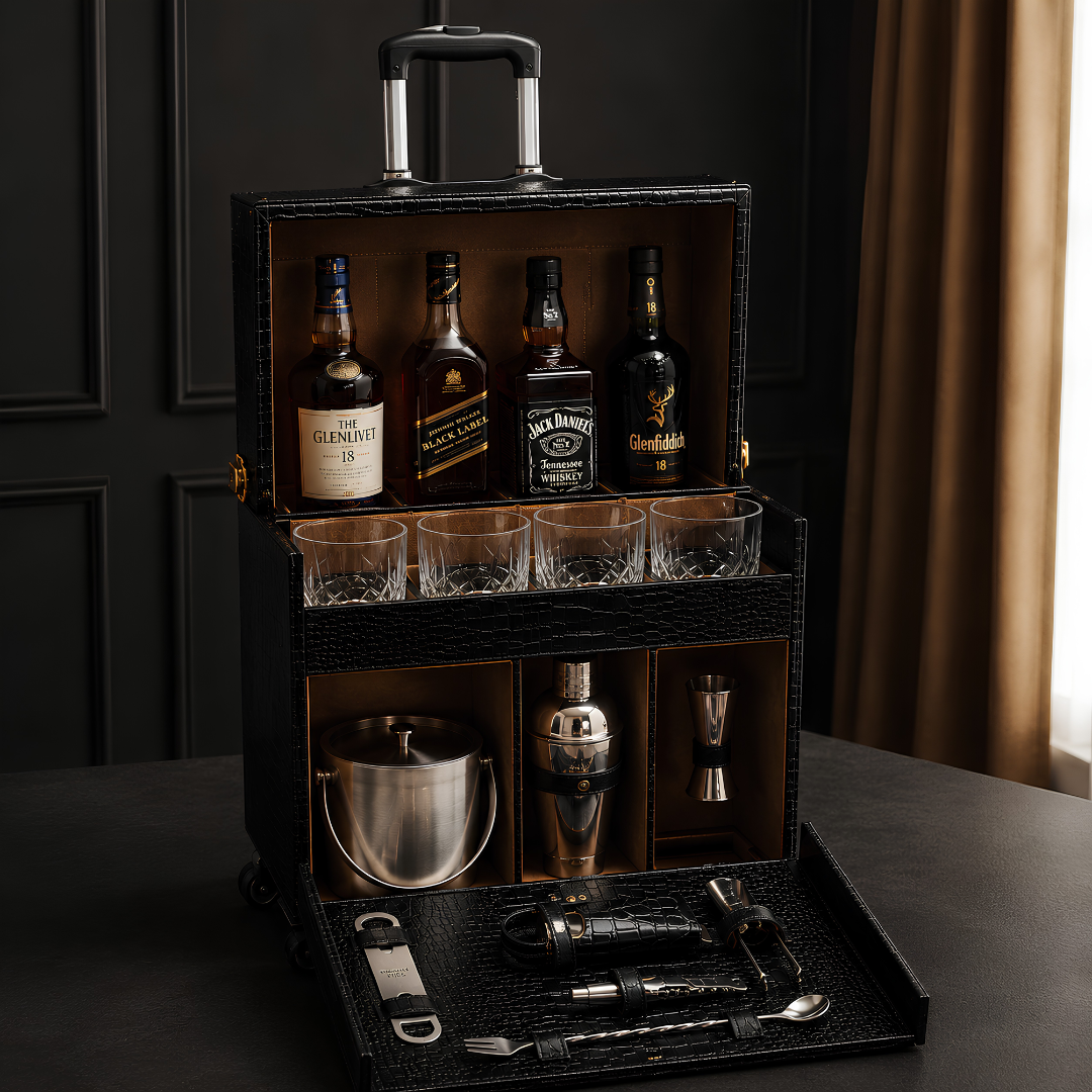 Luxury Leather Bar Trolley With Glasses & Bar Tools – 4 Bottle Holder Space