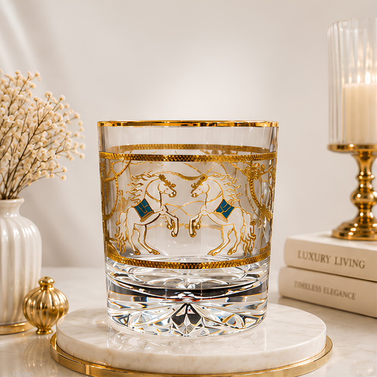 Crystal Horse Whiskey Glass - Real Gold Plated - Set of 6 with Leather Box