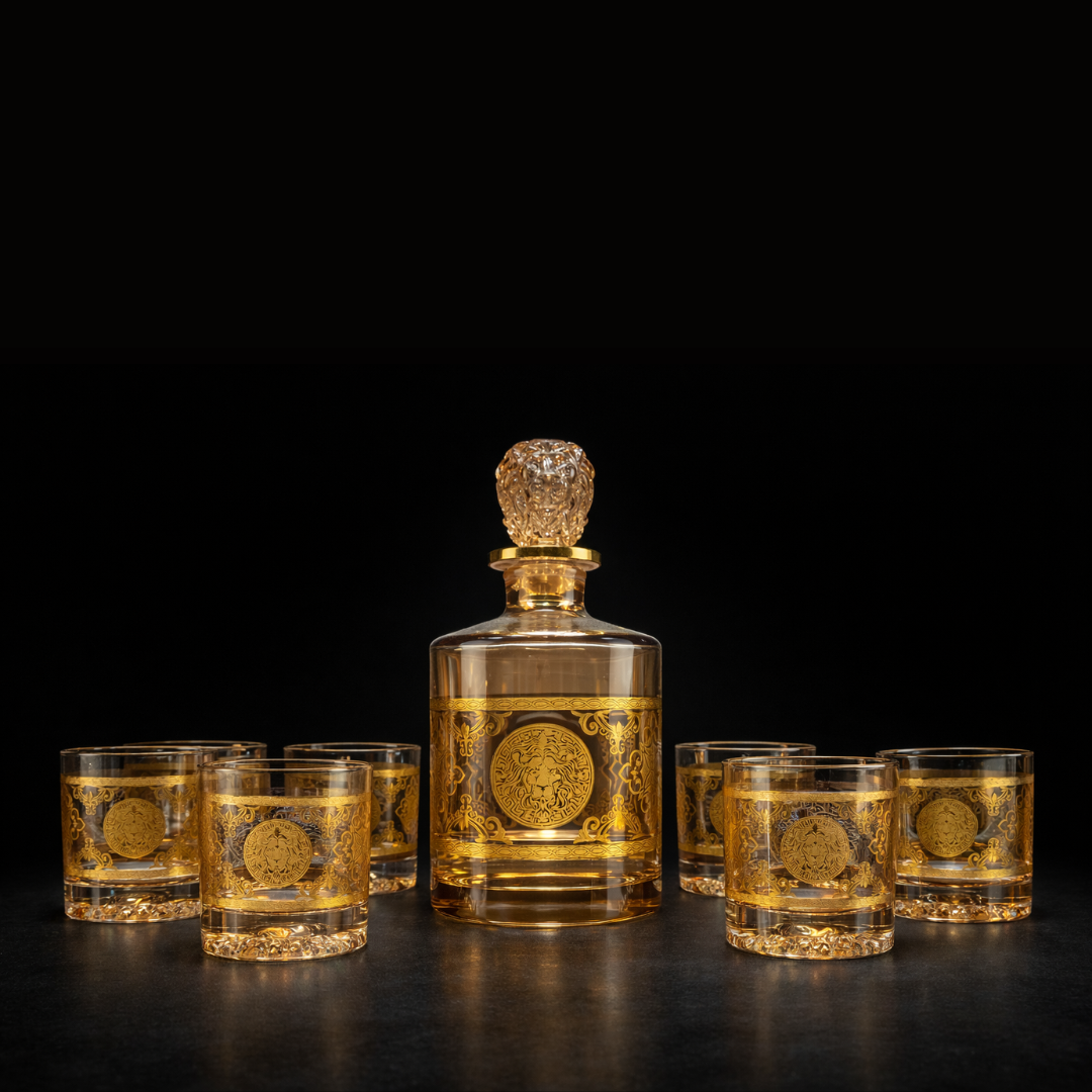 Royal Emblem Golden Whiskey Decanter Set - Made Of Japanese Crystal