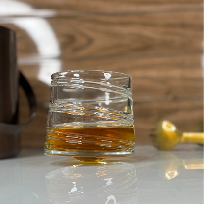 Revolving Swirl Glass With Wooden Coasters - Pure Crystal - Set Of 6