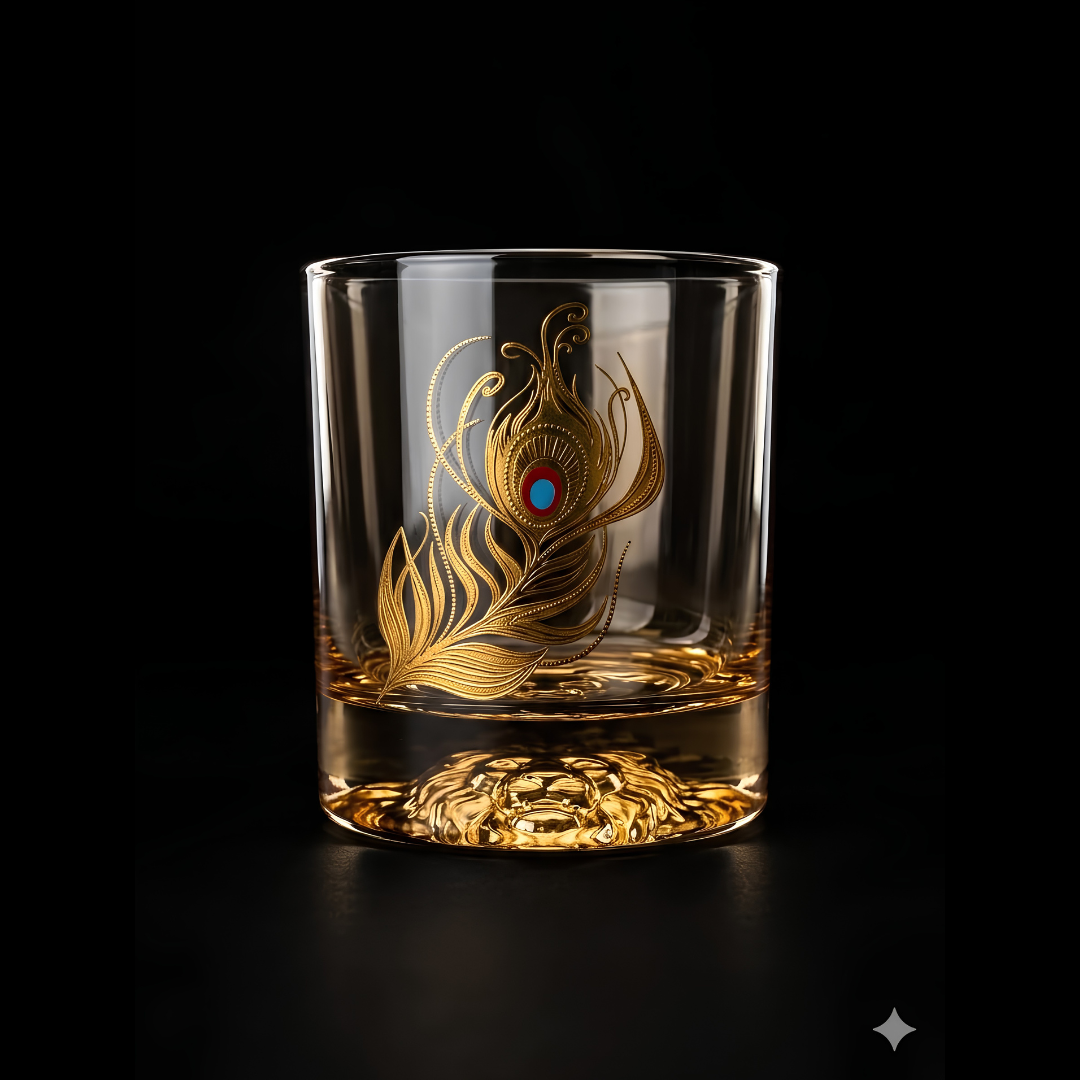 Majestic Peacock Wing Print Crystal Whiskey Glass – Set of 6