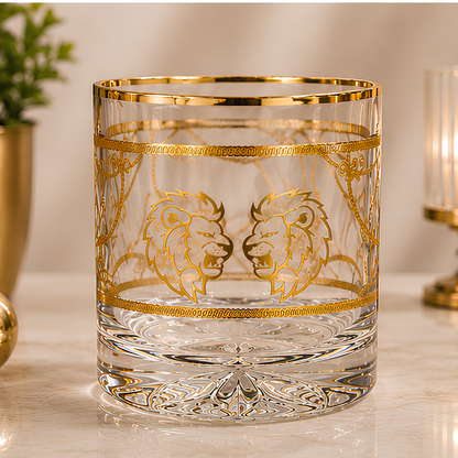 Crystal Lion Embossed Whiskey Glass - Real Gold Plated - Set of 6 with Leather Briefcase