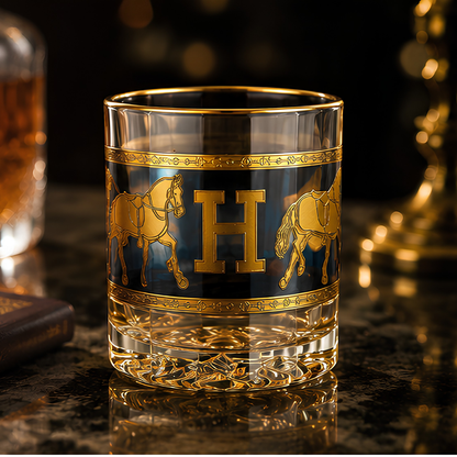 Royal Hermes Crystal Whiskey Glass With Blue Sapphire Tint – Real Gold Plated | Set of 6