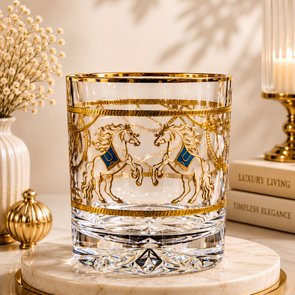 Crystal Mustang Whiskey Glass - Real Gold Plated - Set of 6 with Leather Briefcase