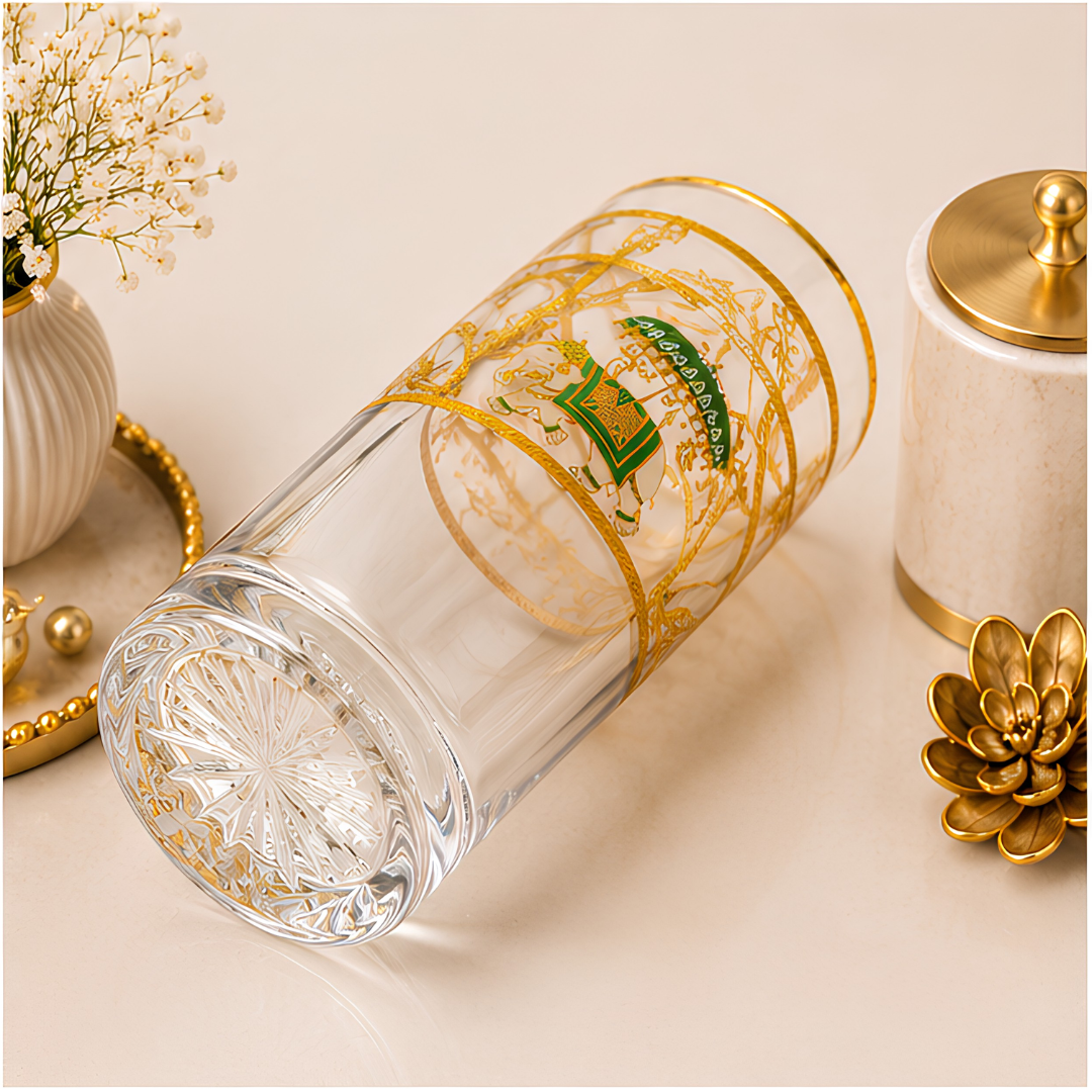 Royal Heritage Elephant Crystal Tumbler - Real Gold Plated - Set of 6 with Leather Briefcase