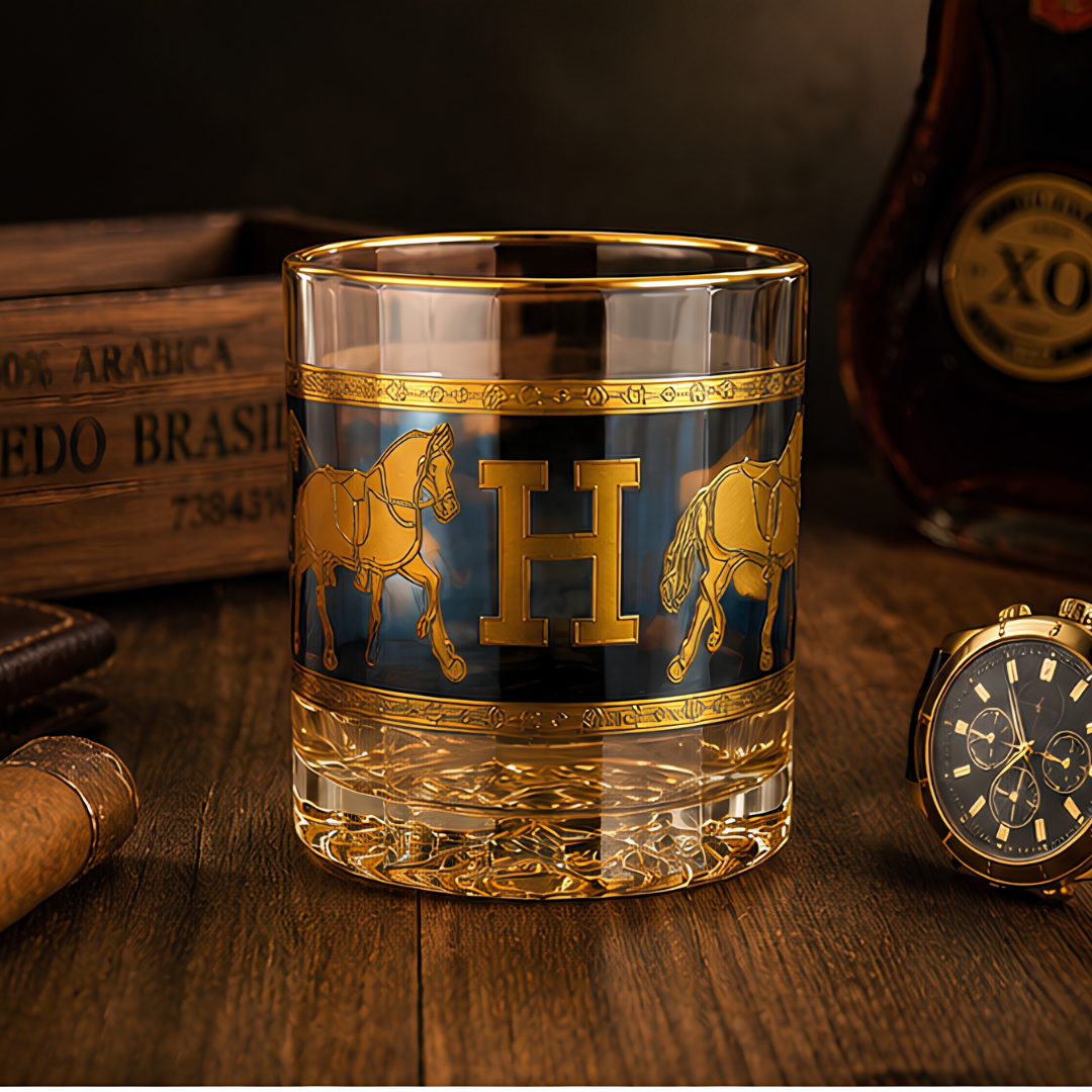 Royal Hermes Crystal Whiskey Glass With Blue Sapphire Tint – Real Gold Plated | Set of 6
