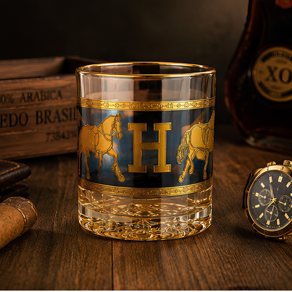 Royal Hermes Crystal Whiskey Glass With Blue Sapphire Tint – Real Gold Plated | Set of 6