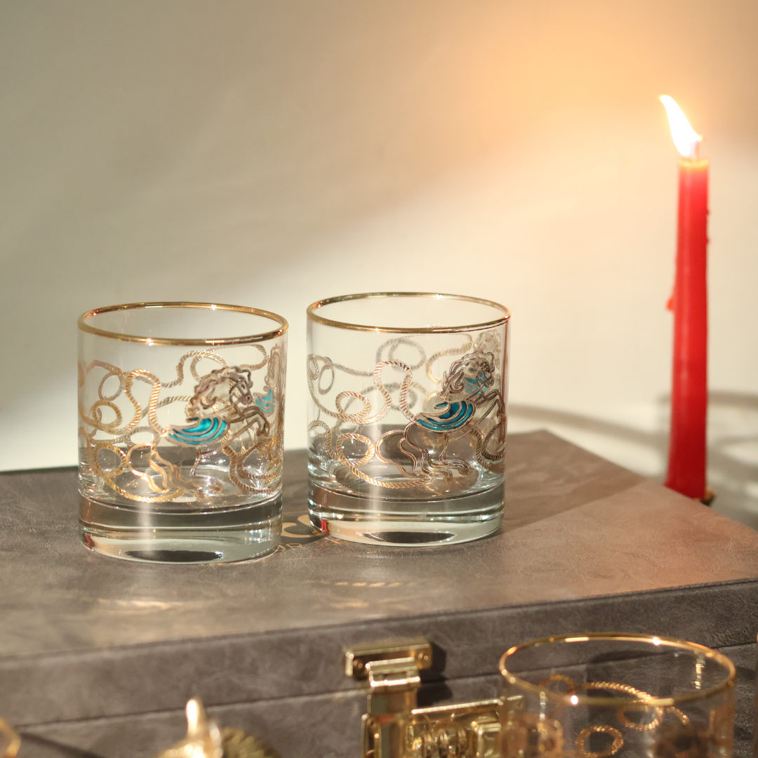 Crystal Stallion Whiskey Glass – Real Gold Embossed | Set of 6 - With Leather Gift Box