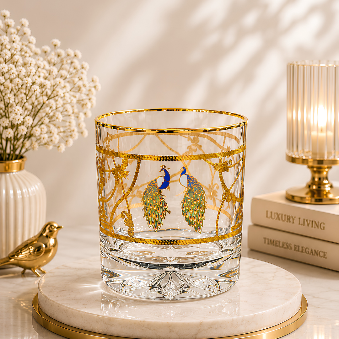 Crystal Peacock Whiskey Glass - Real Gold Plated - Set of 6 with Leather Briefcase