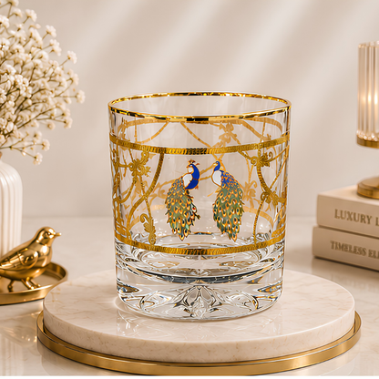 Crystal Peacock Whiskey Glass - Real Gold Plated - Set of 6 with Leather Briefcase