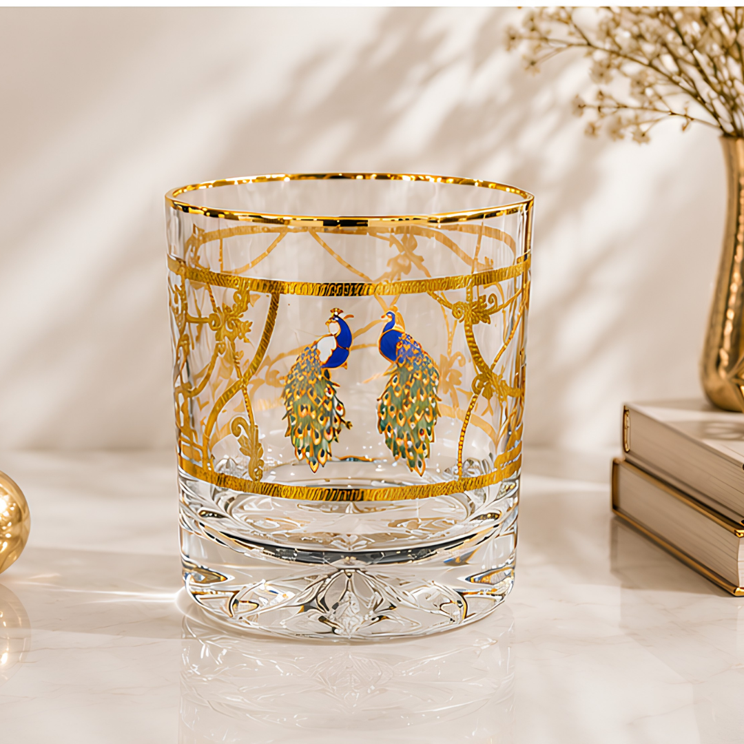 Crystal Peacock Whiskey Glass - Real Gold Plated - Set of 6 with Leather Briefcase