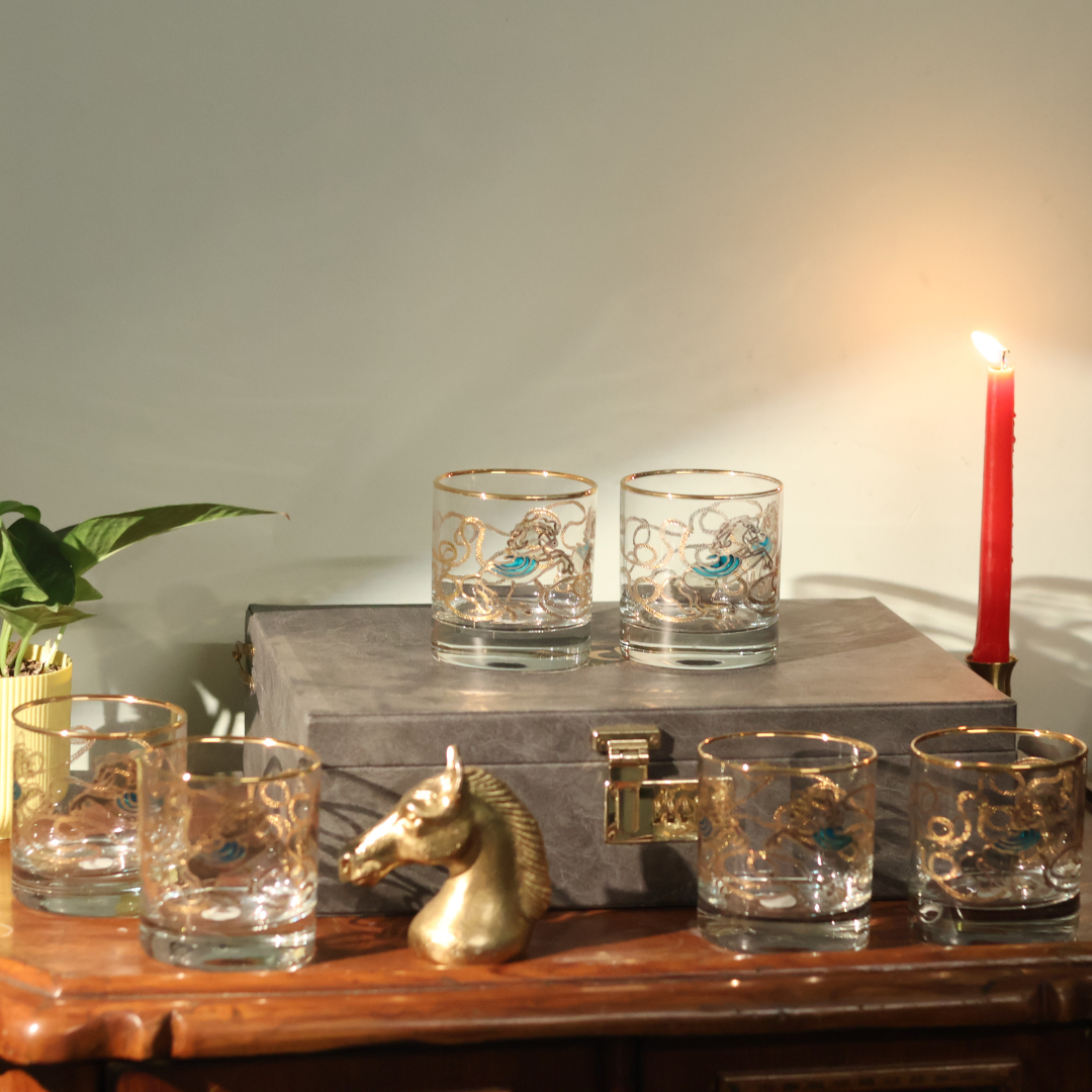 Crystal Stallion Whiskey Glass – Real Gold Embossed | Set of 6 - With Leather Gift Box