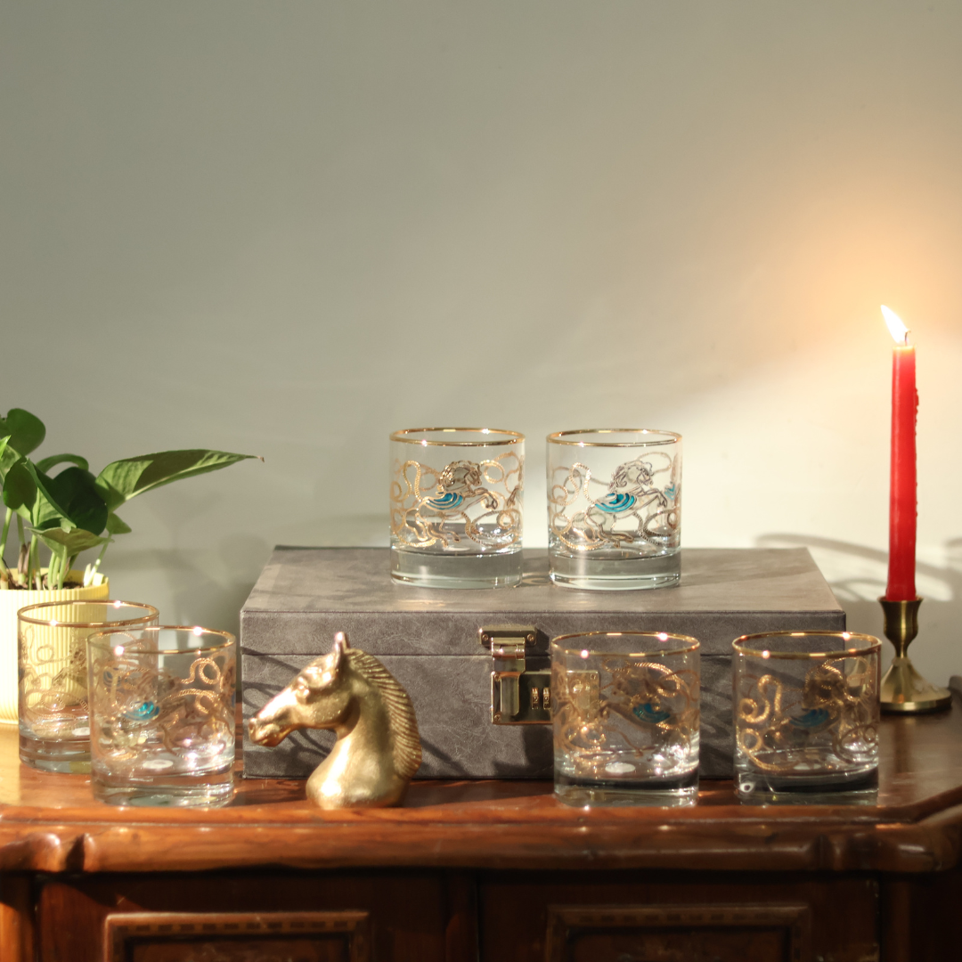 Crystal Stallion Whiskey Glass – Real Gold Embossed | Set of 6 - With Leather Gift Box