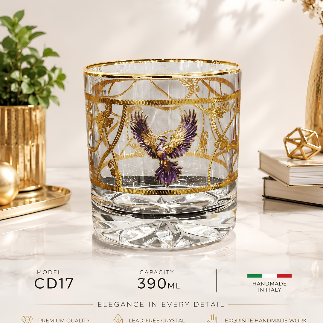 Crystal Phoenix Whiskey Glass - Real Gold Plated - Set of 6 with Leather Briefcase