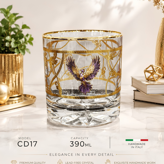 Crystal Phoenix Whiskey Glass - Real Gold Plated - Set of 6 with Leather Briefcase