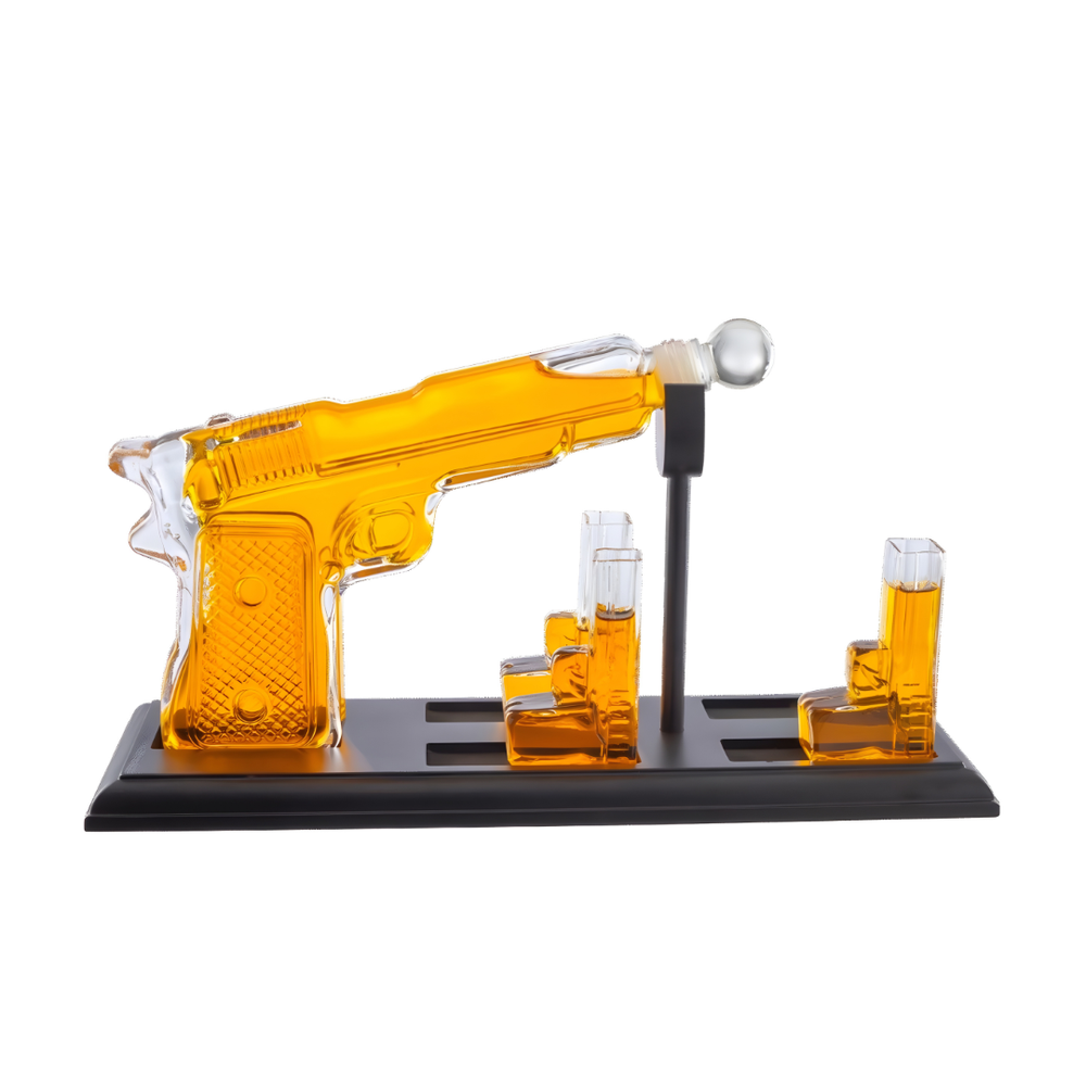 Pistol Whiskey Decanter Set showcasing a crystal pistol-shaped decanter with matching glasses in a premium gift box