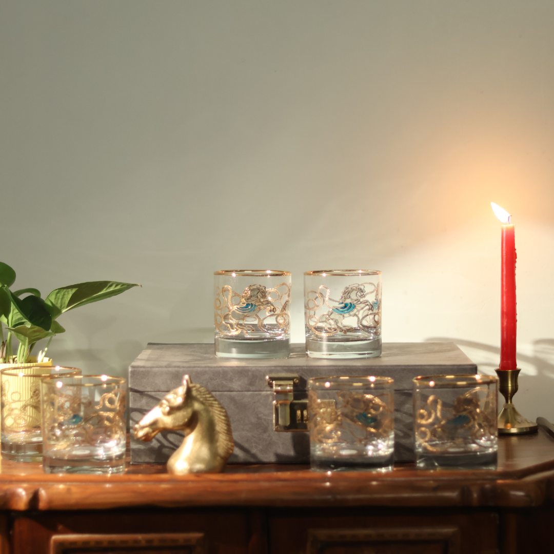 Crystal Stallion Whiskey Glass – Real Gold Embossed | Set of 6 - With Leather Gift Box