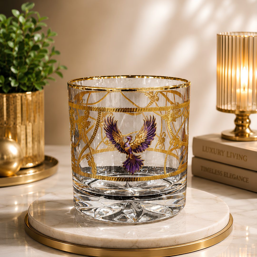Crystal Phoenix Whiskey Glass - Real Gold Plated - Set of 6 with Leather Briefcase