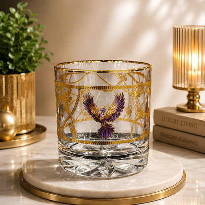 Crystal Phoenix Whiskey Glass - Real Gold Plated - Set of 6 with Leather Briefcase