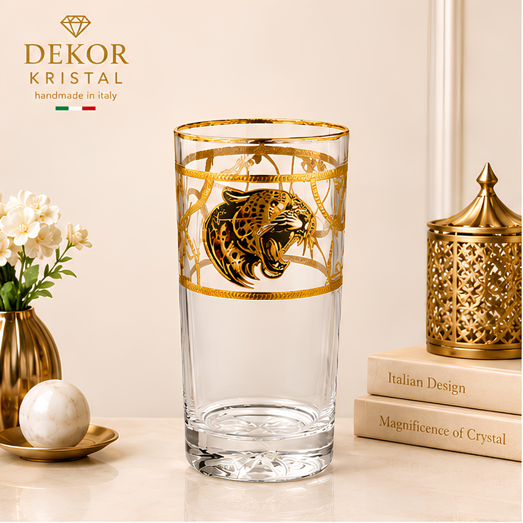 Crystal Leopard Gold Tumbler - Real Gold Plated - Set of 6 with Leather Briefcase