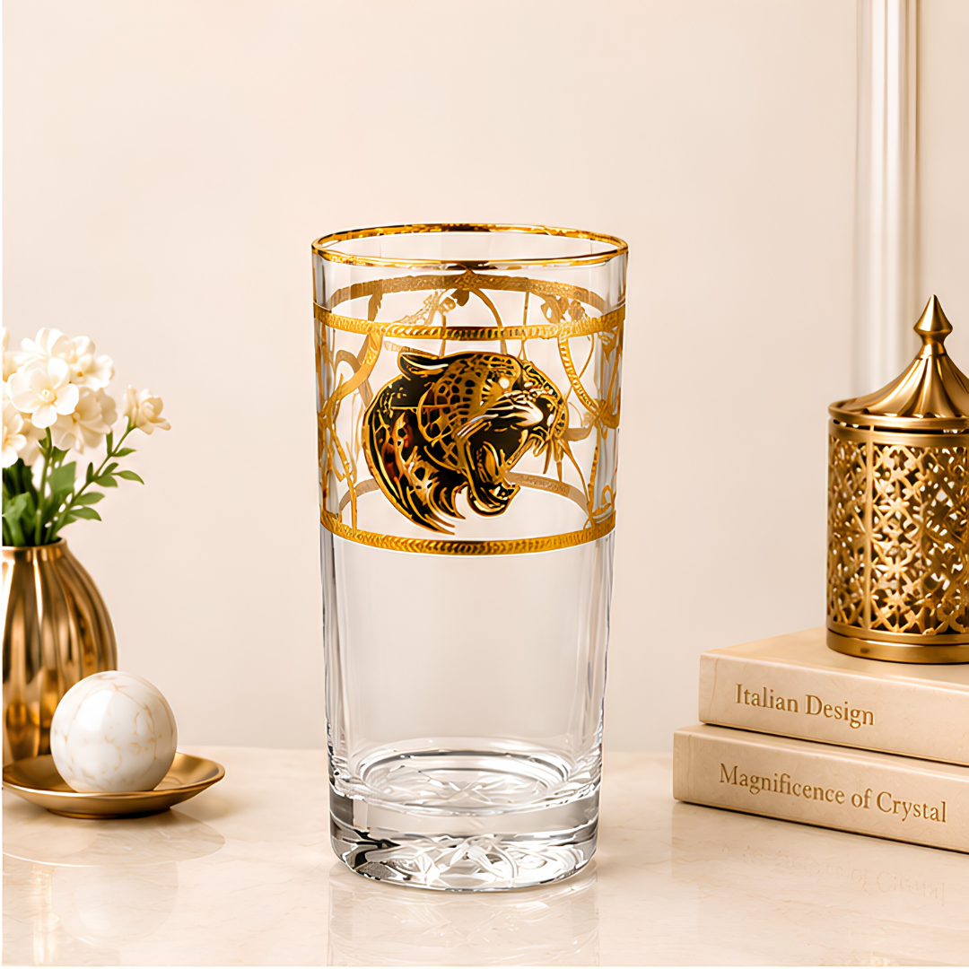 Crystal Leopard Gold Tumbler - Real Gold Plated - Set of 6 with Leather Briefcase