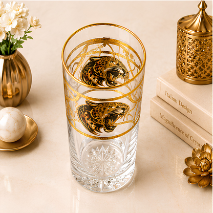 Crystal Leopard Gold Tumbler - Real Gold Plated - Set of 6 with Leather Briefcase