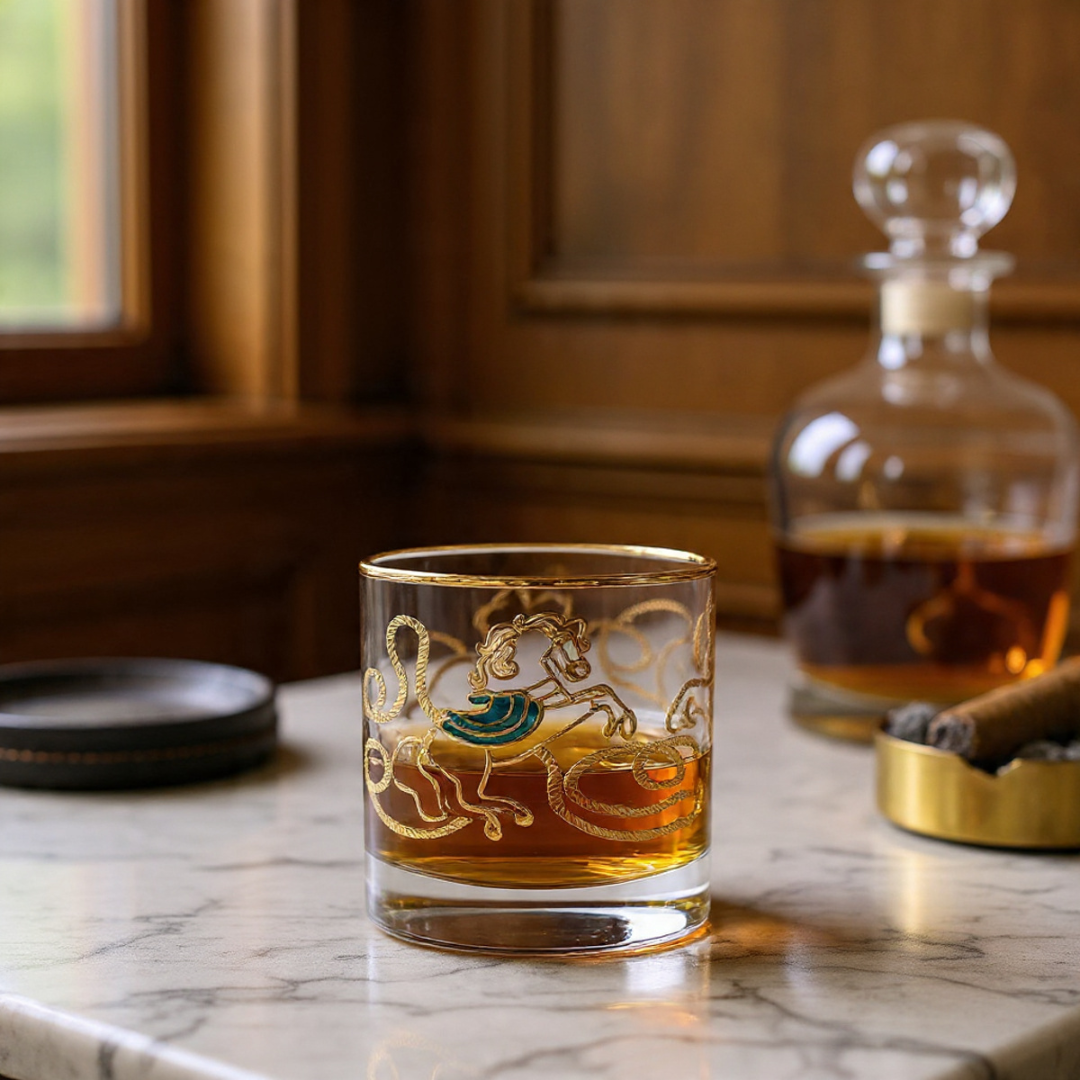 Crystal Stallion Whiskey Glass – Real Gold Embossed | Set of 6 - With Leather Gift Box