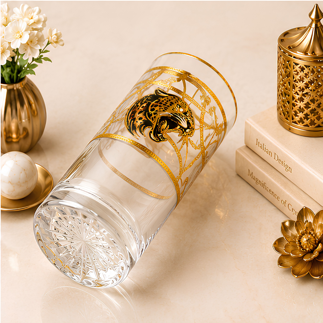 Crystal Leopard Gold Tumbler - Real Gold Plated - Set of 6 with Leather Briefcase