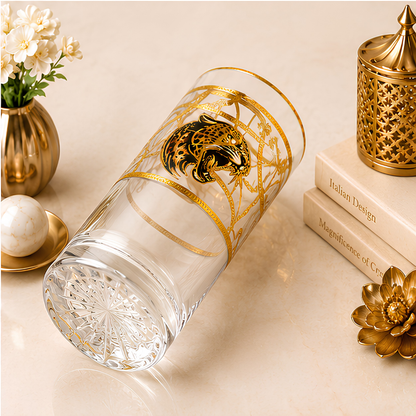 Crystal Leopard Gold Tumbler - Real Gold Plated - Set of 6 with Leather Briefcase