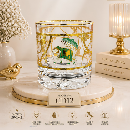 Royal Heritage Elephant Crystal Tumbler - Real Gold Plated - Set of 6 with Leather Briefcase