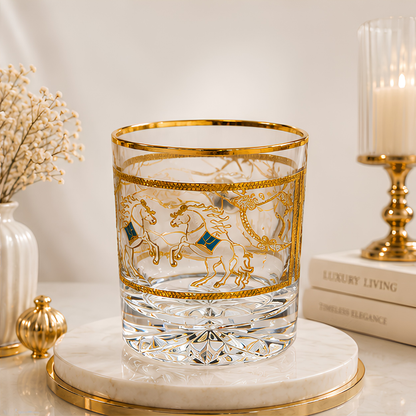 Crystal Horse Whiskey Glass - Real Gold Plated - Set of 6 with Leather Box