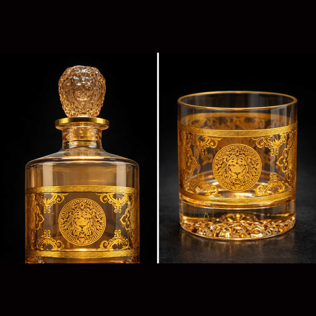 Royal Emblem Golden Whiskey Decanter Set - Made Of Japanese Crystal