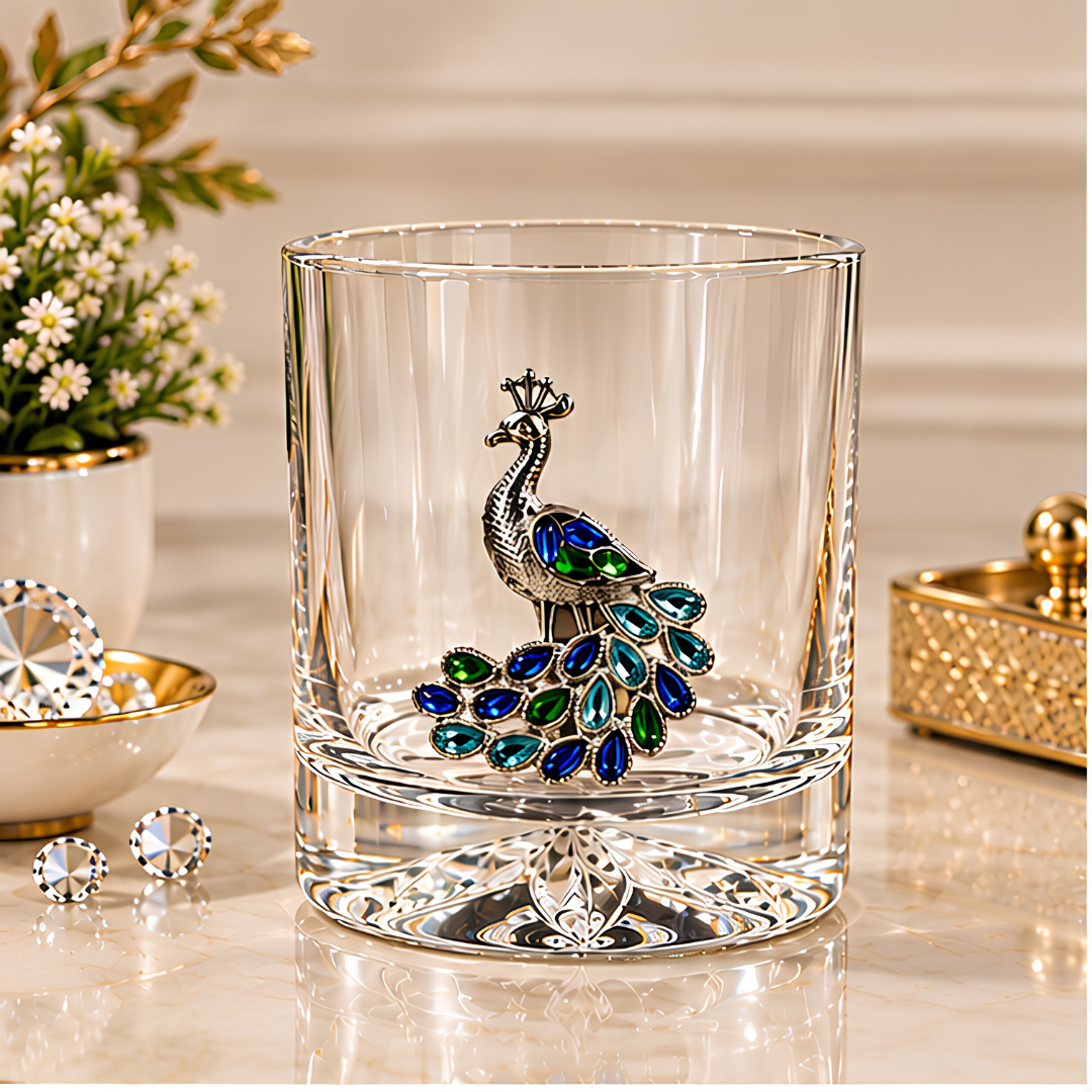 Peacock Royale Crystal Tumbler - Diamond Studded - Premium Leather Box - Set Of 6