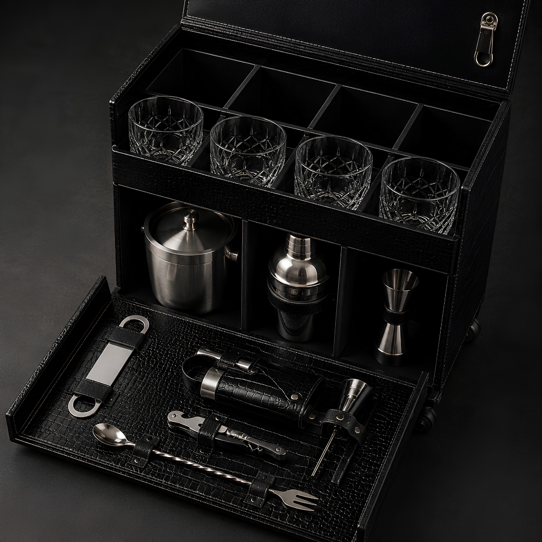 Luxury Leather Bar Trolley With Glasses & Bar Tools – 4 Bottle Holder Space