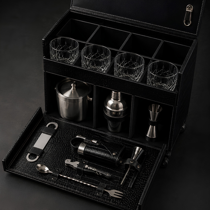 Luxury Leather Bar Trolley With Glasses & Bar Tools – 4 Bottle Holder Space