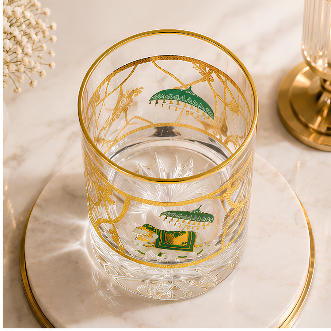 Royal Heritage Elephant Crystal Tumbler - Real Gold Plated - Set of 6 with Leather Briefcase