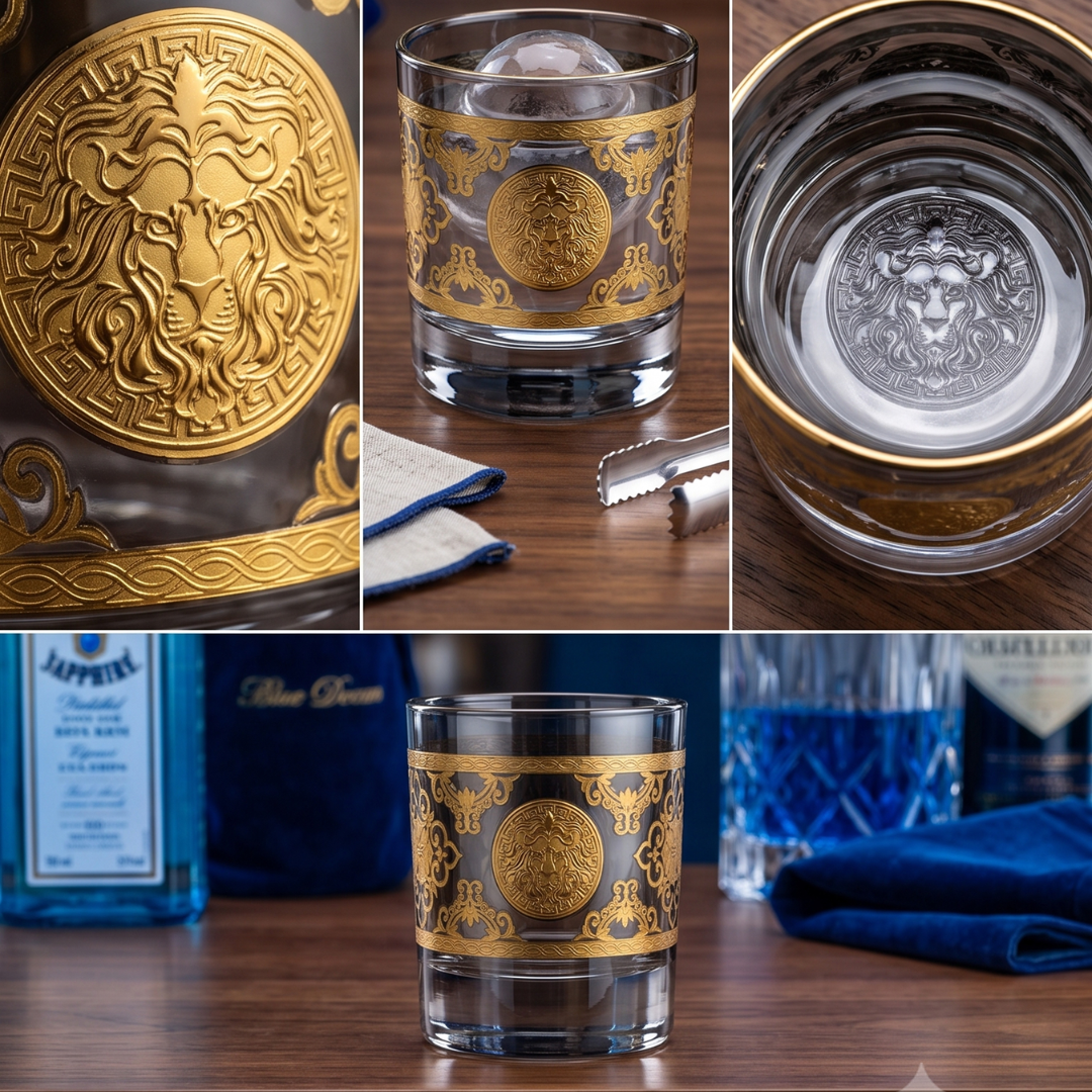 Royal Lion Whiskey Glass – Real Gold Embossed | Ash Crystal | Set of 6