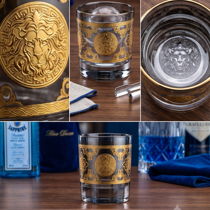 Royal Lion Whiskey Glass – Real Gold Embossed | Ash Crystal | Set of 6
