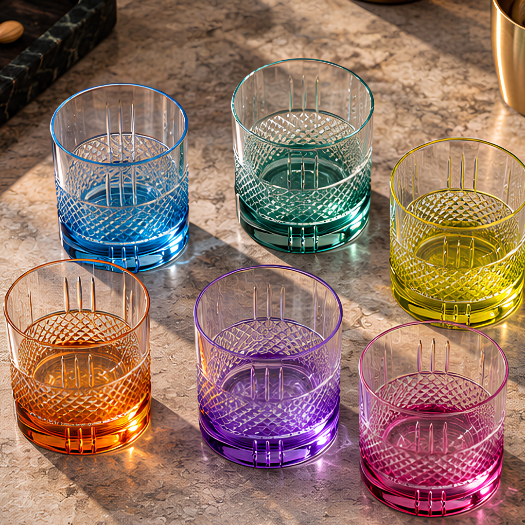 Regal 6 Colour Crystal Whiskey Glasses, Set of 6, 350 ml | Made in Italy
