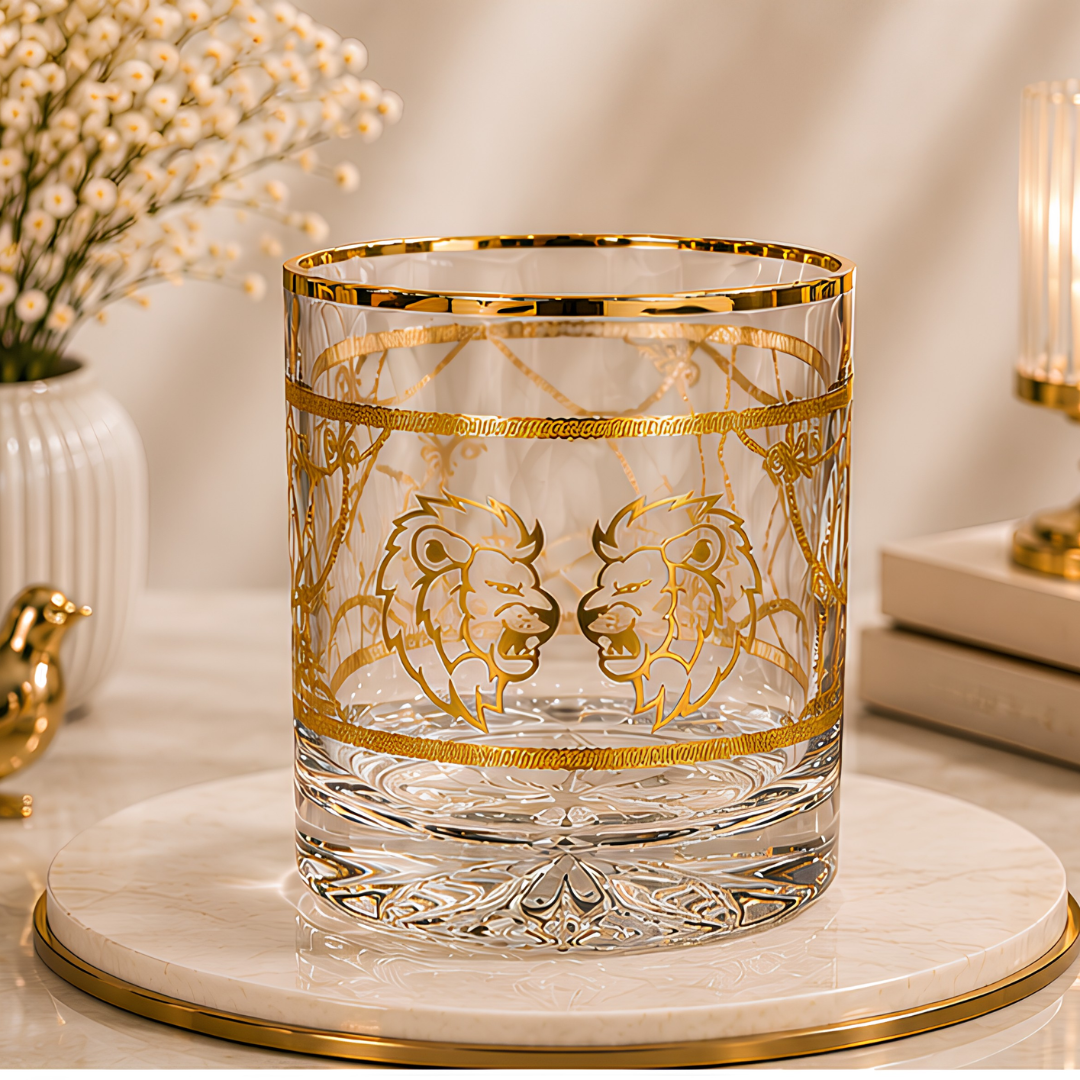 Crystal Lion Embossed Whiskey Glass - Real Gold Plated - Set of 6 with Leather Briefcase