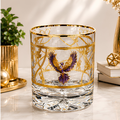 Crystal Phoenix Whiskey Glass - Real Gold Plated - Set of 6 with Leather Briefcase