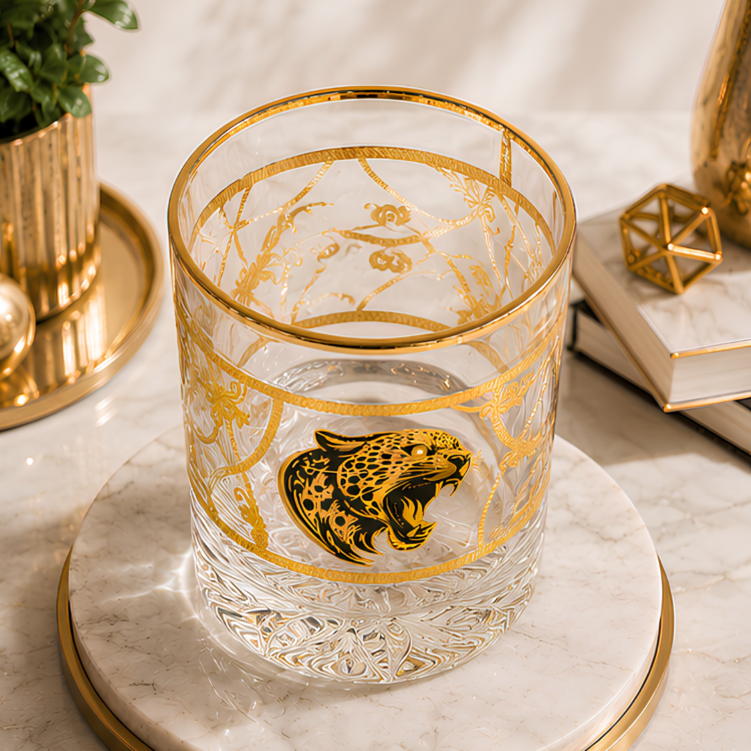Crystal Leopard Whiskey Glass - Real Gold Plated - Set of 6 with Leather Briefcase