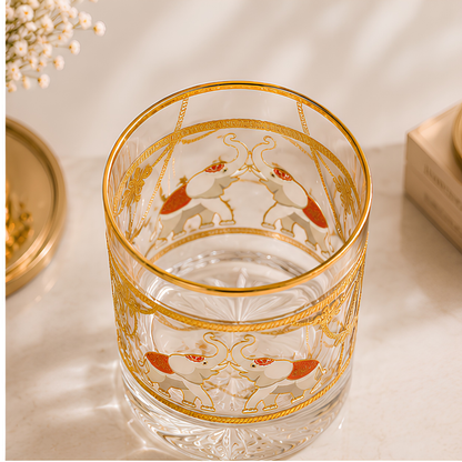 Majestic Elephant Crystal Tumbler - Real Gold Plated - Set of 6 with Leather Briefcase