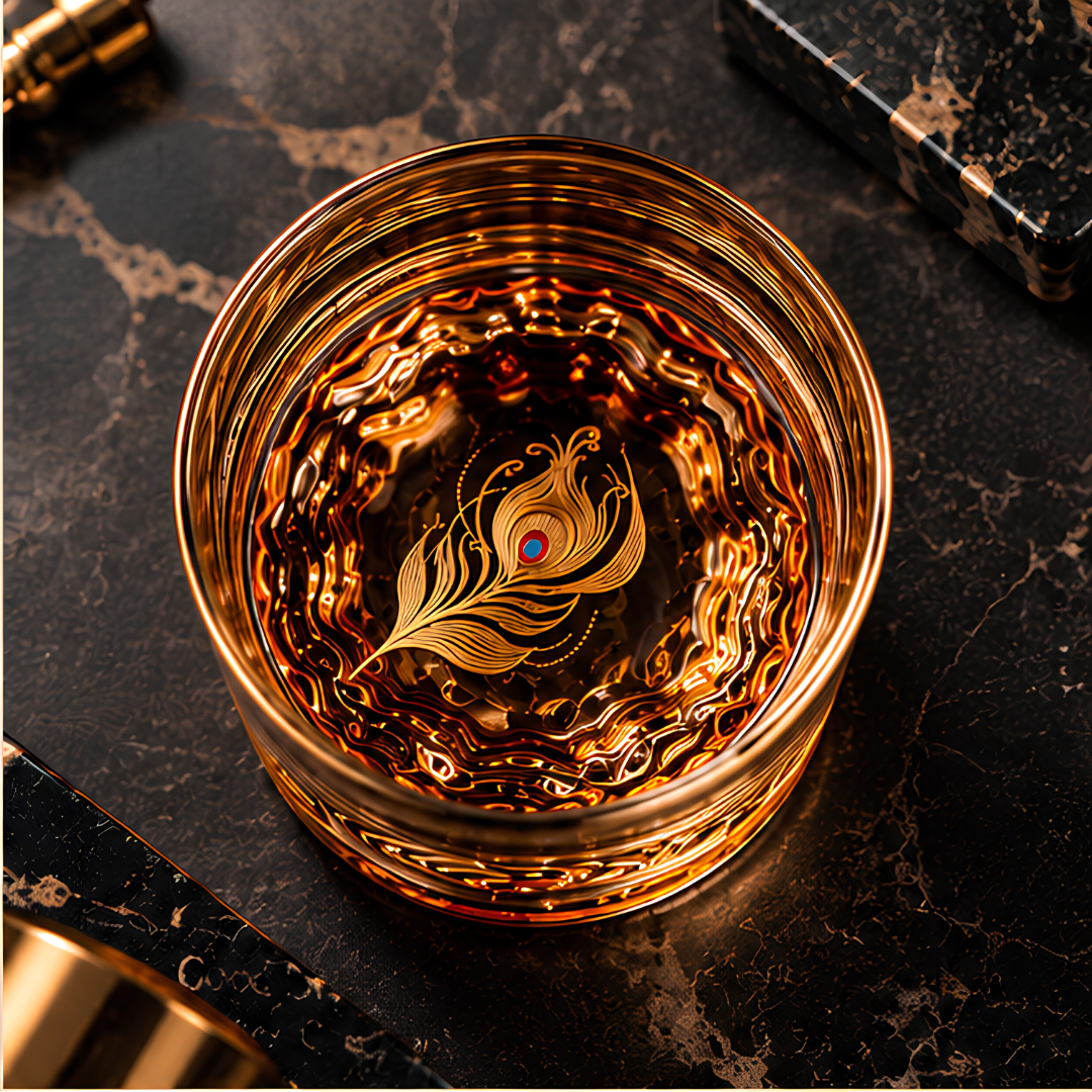 Majestic Peacock Wing Crystal Whiskey Glass – Set of 6 - Handmade