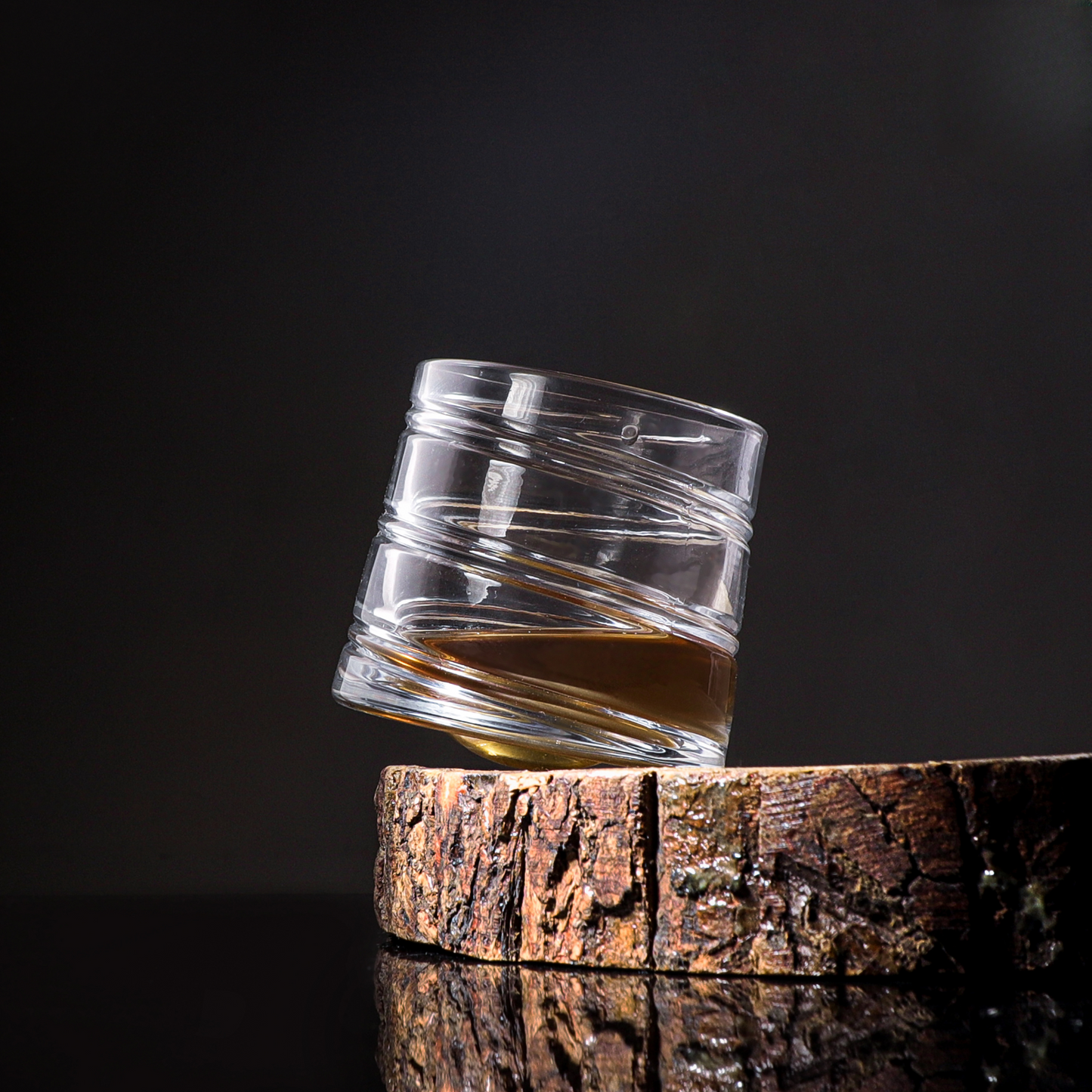 Revolving Swirl Glass With Wooden Coasters - Pure Crystal - Set Of 6