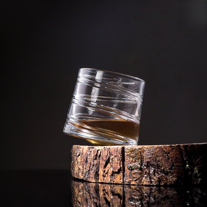 Revolving Swirl Glass With Wooden Coasters - Pure Crystal - Set Of 6