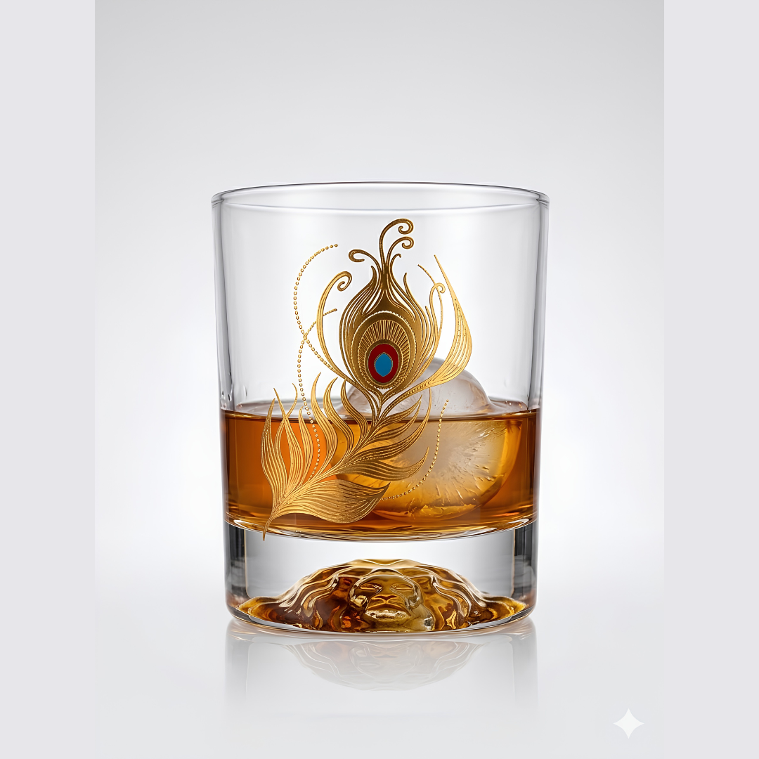Majestic Peacock Wing Print Crystal Whiskey Glass – Set of 6
