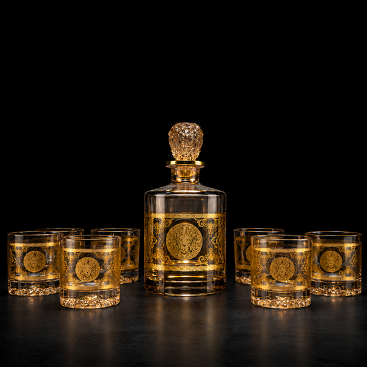 Royal Emblem Golden Whiskey Decanter Set - Made Of Japanese Crystal With Premium Leather Box