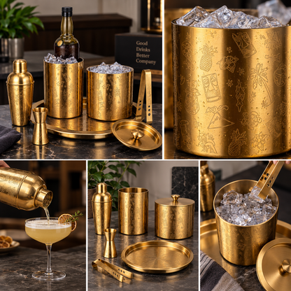 Home Bar Set - Gold Plated - 6 Piece Set - Hand Embossed